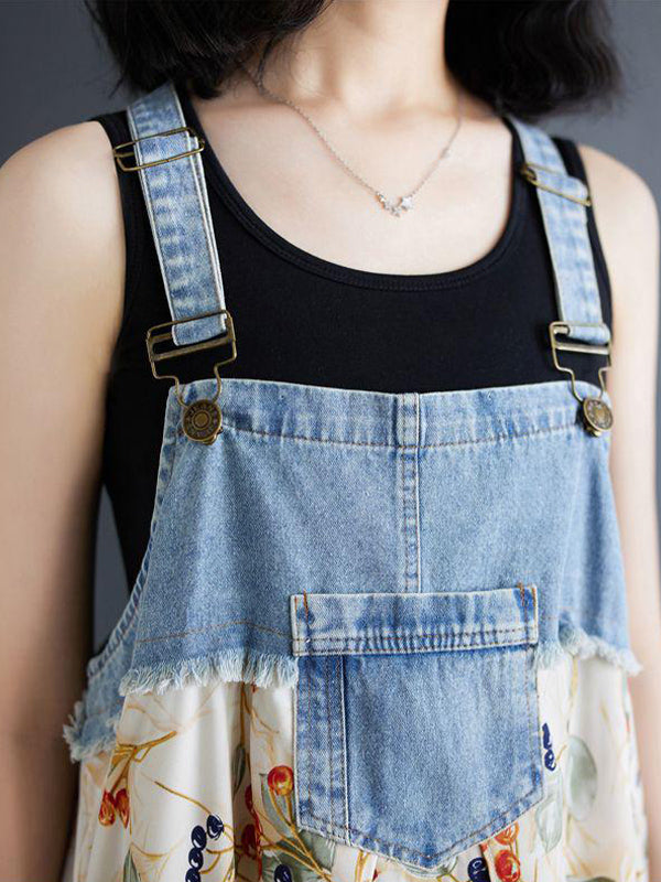Denim Patchwork Watercolor Maxi Overall Dress