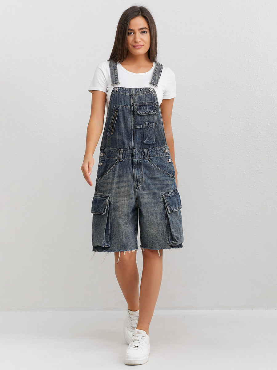 Women's Denim Cargo Overall Shorts