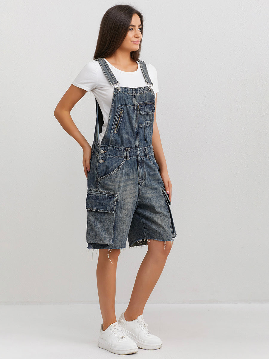Women's Denim Cargo Overall Shorts