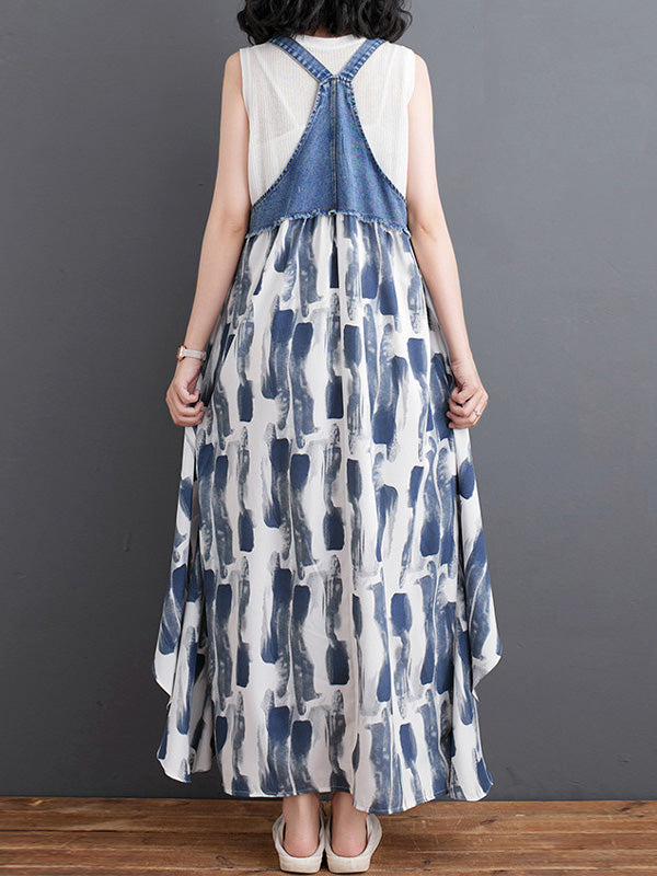 Denim Patchwork Watercolor Maxi Overall Dress