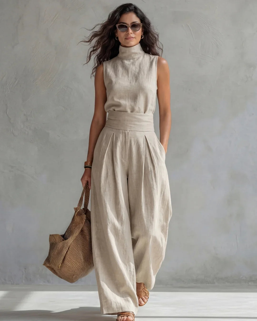 Set consisting of a sleeveless blouse and wide-leg pants made of a cotton-linen blend.