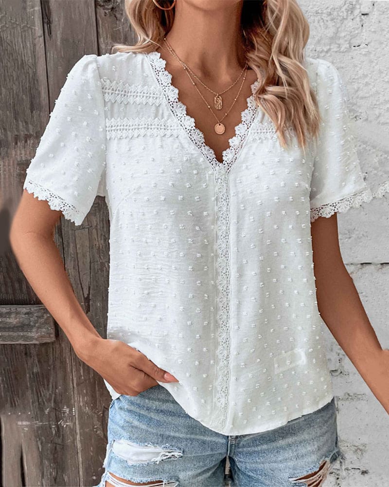 Farren Blouse | White Textured V-Neck Summer Blouse
