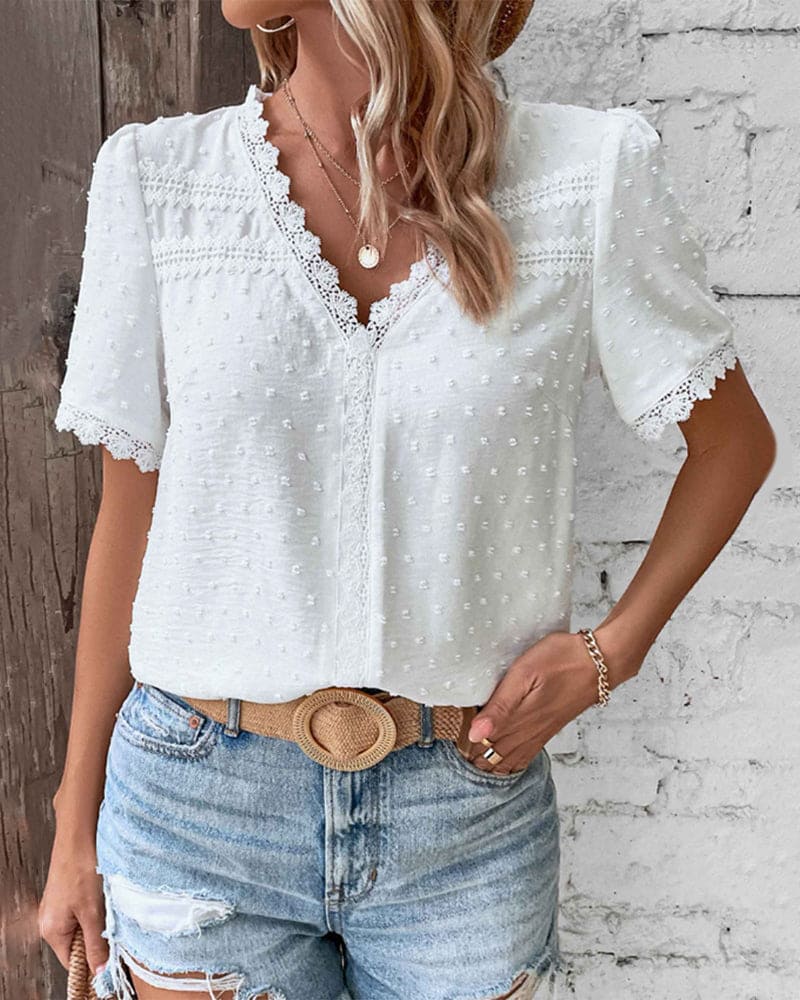 Farren Blouse | White Textured V-Neck Summer Blouse