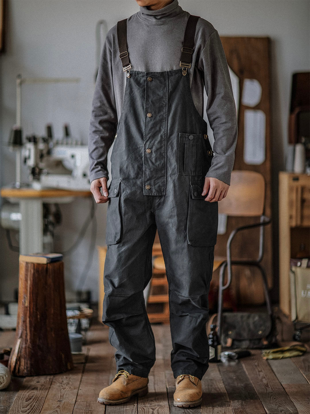 Canvas Overalls with Button Placket for Men