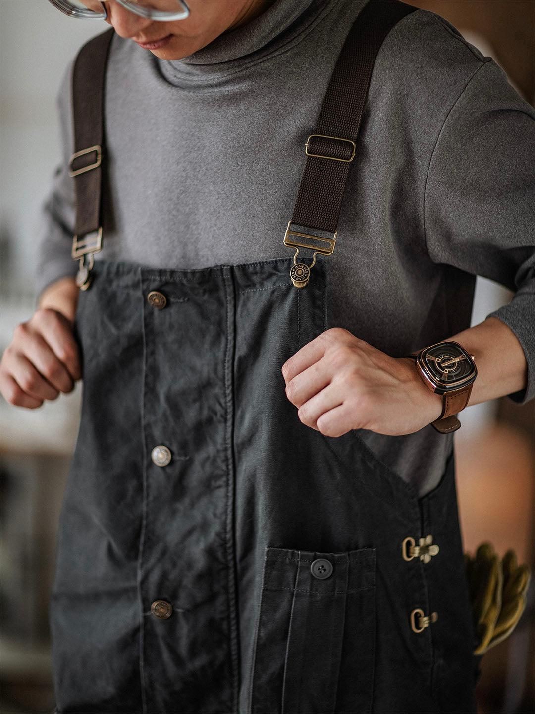 Canvas Overalls with Button Placket for Men