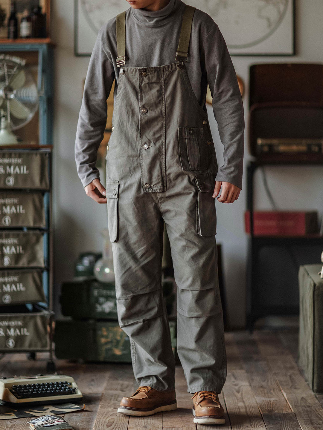 Canvas Overalls with Button Placket for Men