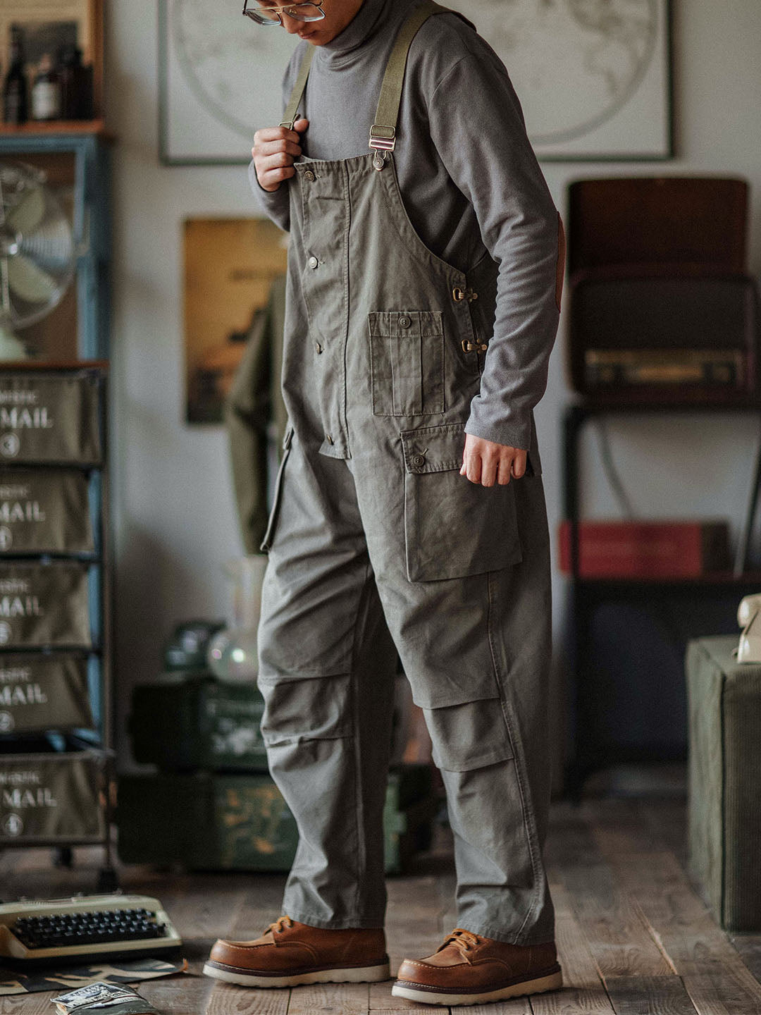 Canvas Overalls with Button Placket for Men