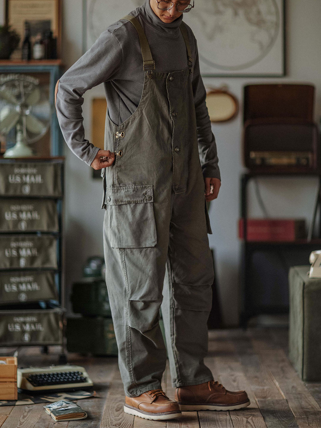 Canvas Overalls with Button Placket for Men