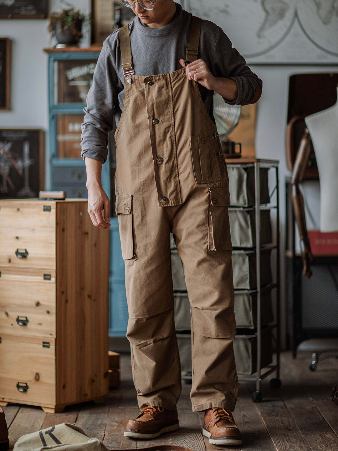 Canvas Overalls with Button Placket for Men