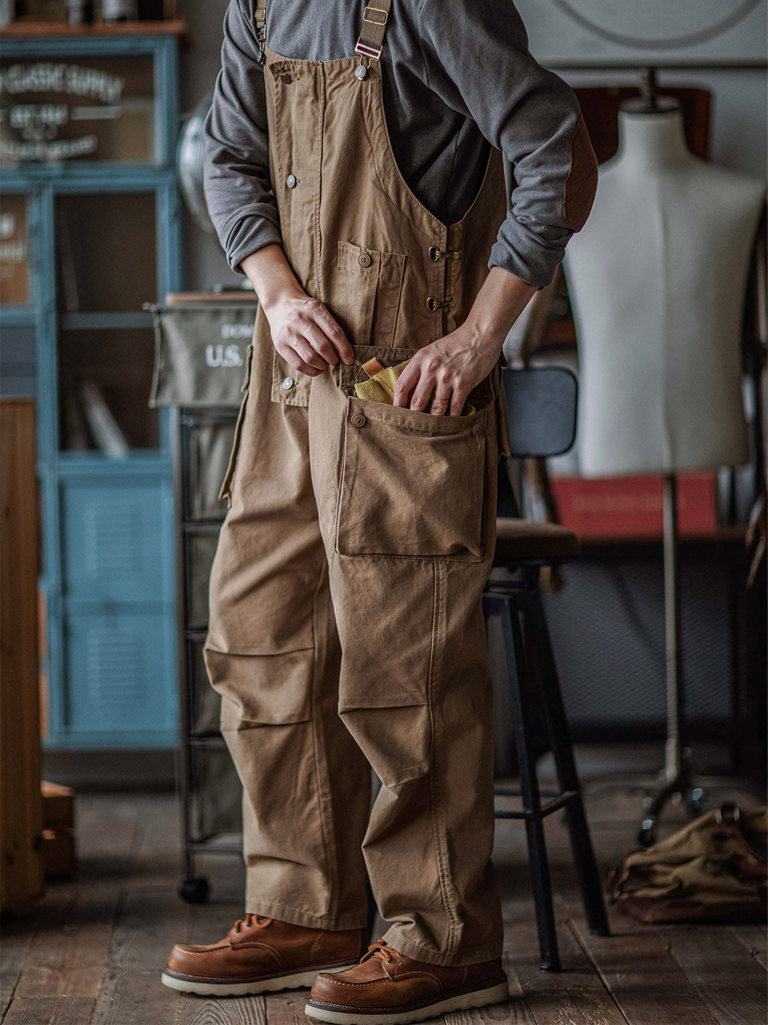 Canvas Overalls with Button Placket for Men