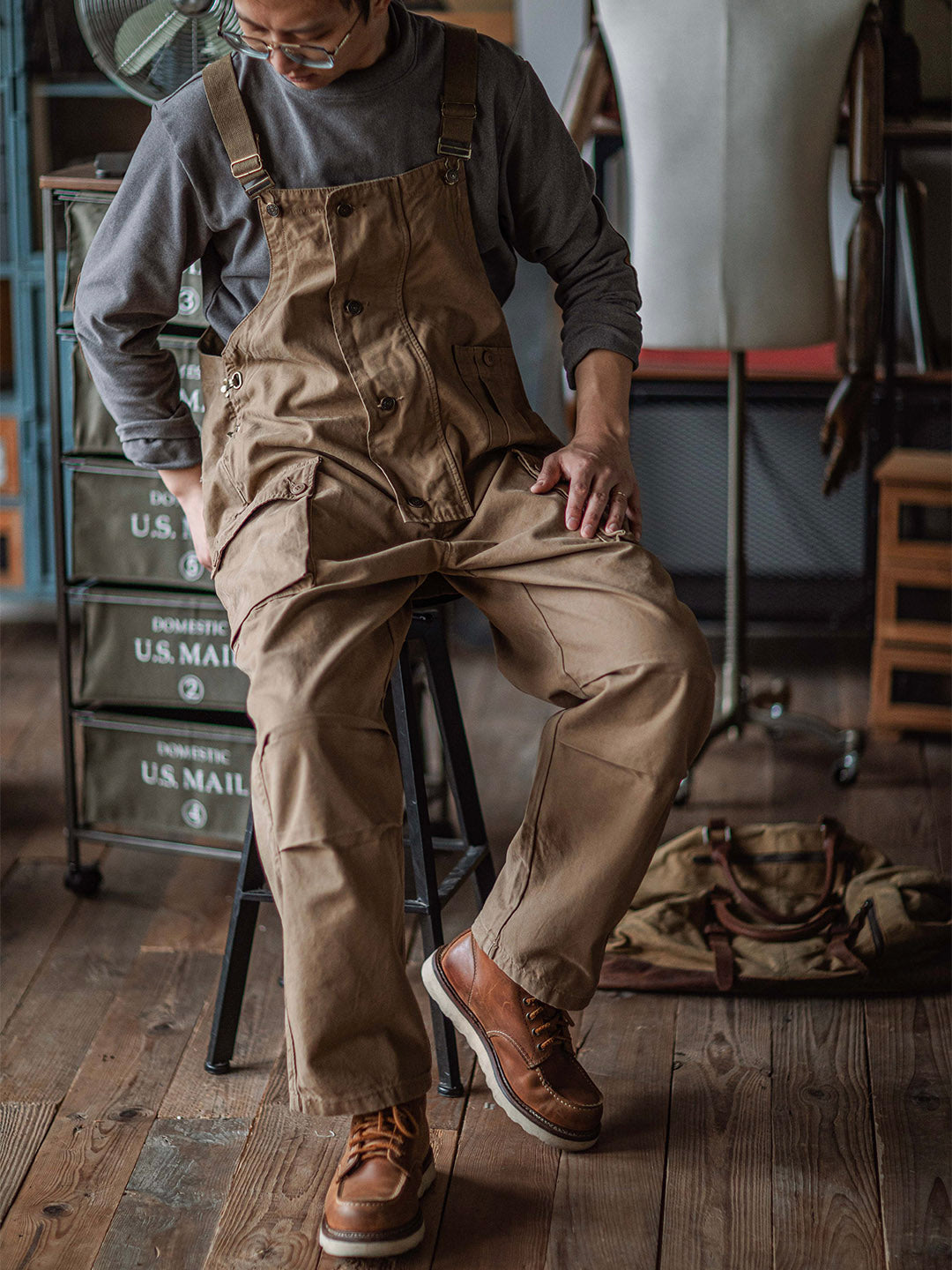 Canvas Overalls with Button Placket for Men
