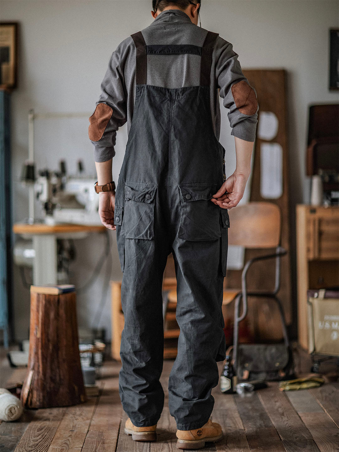 Canvas Overalls with Button Placket for Men