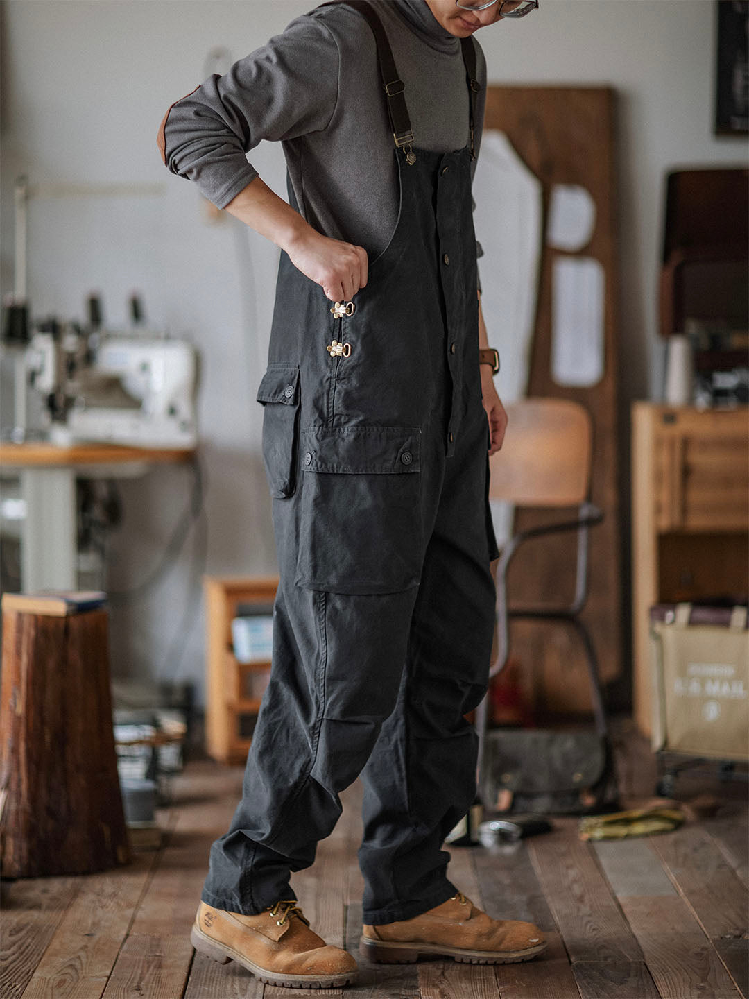 Canvas Overalls with Button Placket for Men