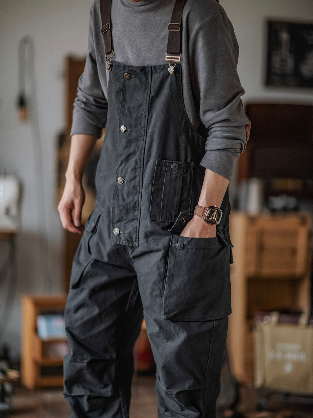 Canvas Overalls with Button Placket for Men