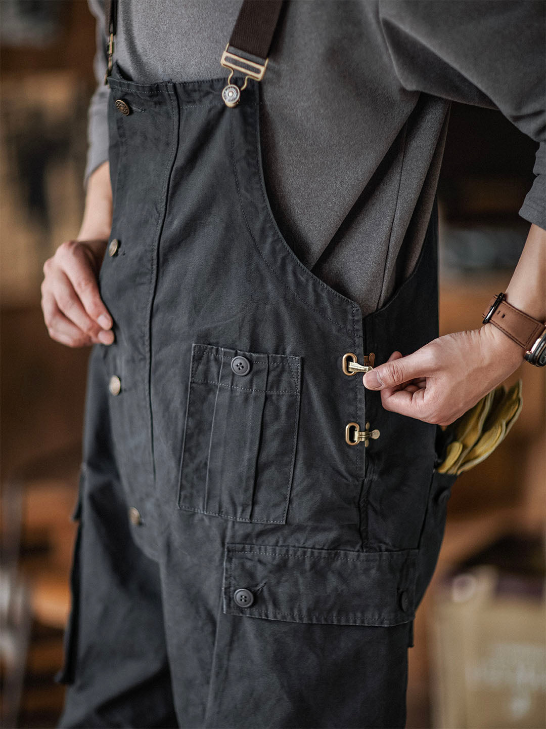 Canvas Overalls with Button Placket for Men