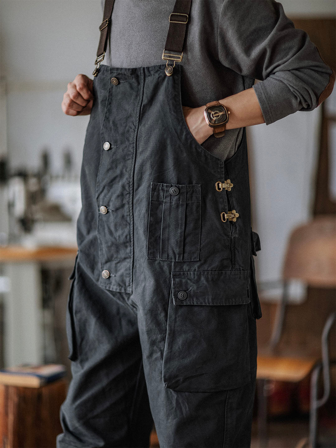 Canvas Overalls with Button Placket for Men