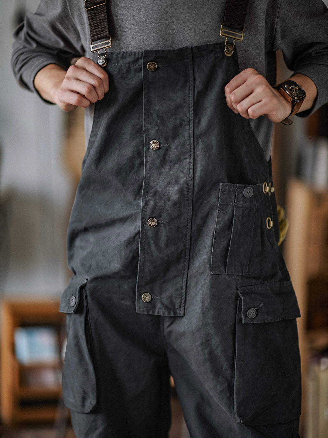 Canvas Overalls with Button Placket for Men