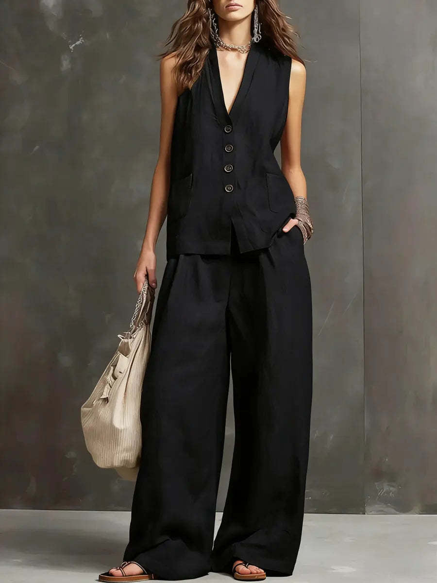 Two-Piece Cotton and Linen Set with Sleeveless Vest and Wide-Leg Pants