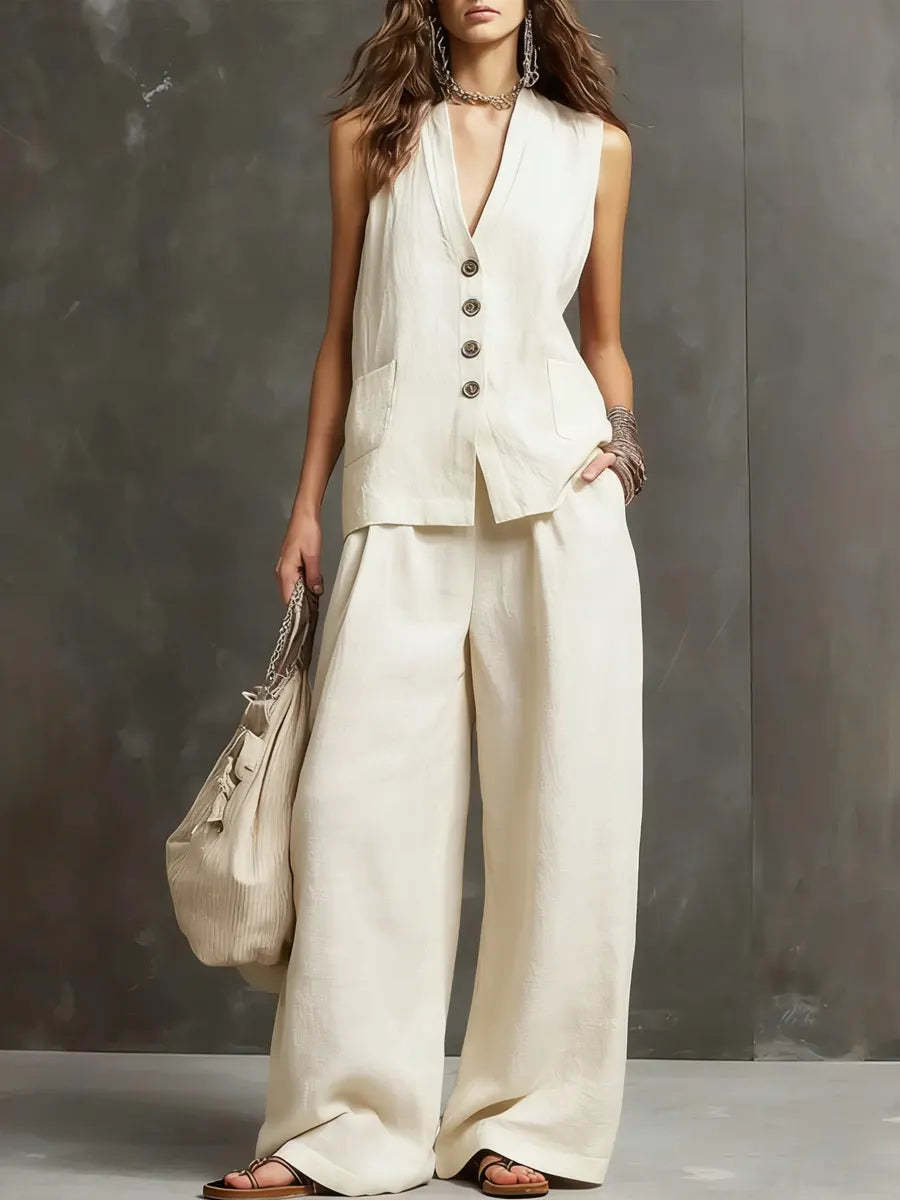 Two-Piece Cotton and Linen Set with Sleeveless Vest and Wide-Leg Pants
