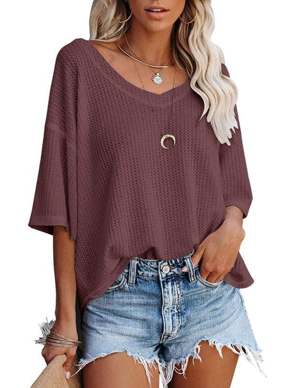 Qelara T-Shirt | V Neck Loose Sleeve Waffle Knit T-Shirt