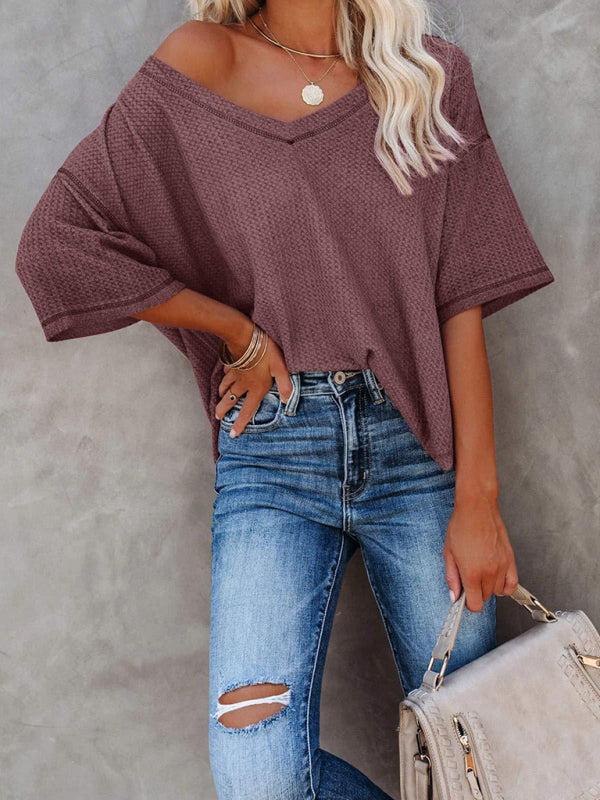 Qelara T-Shirt | V Neck Loose Sleeve Waffle Knit T-Shirt