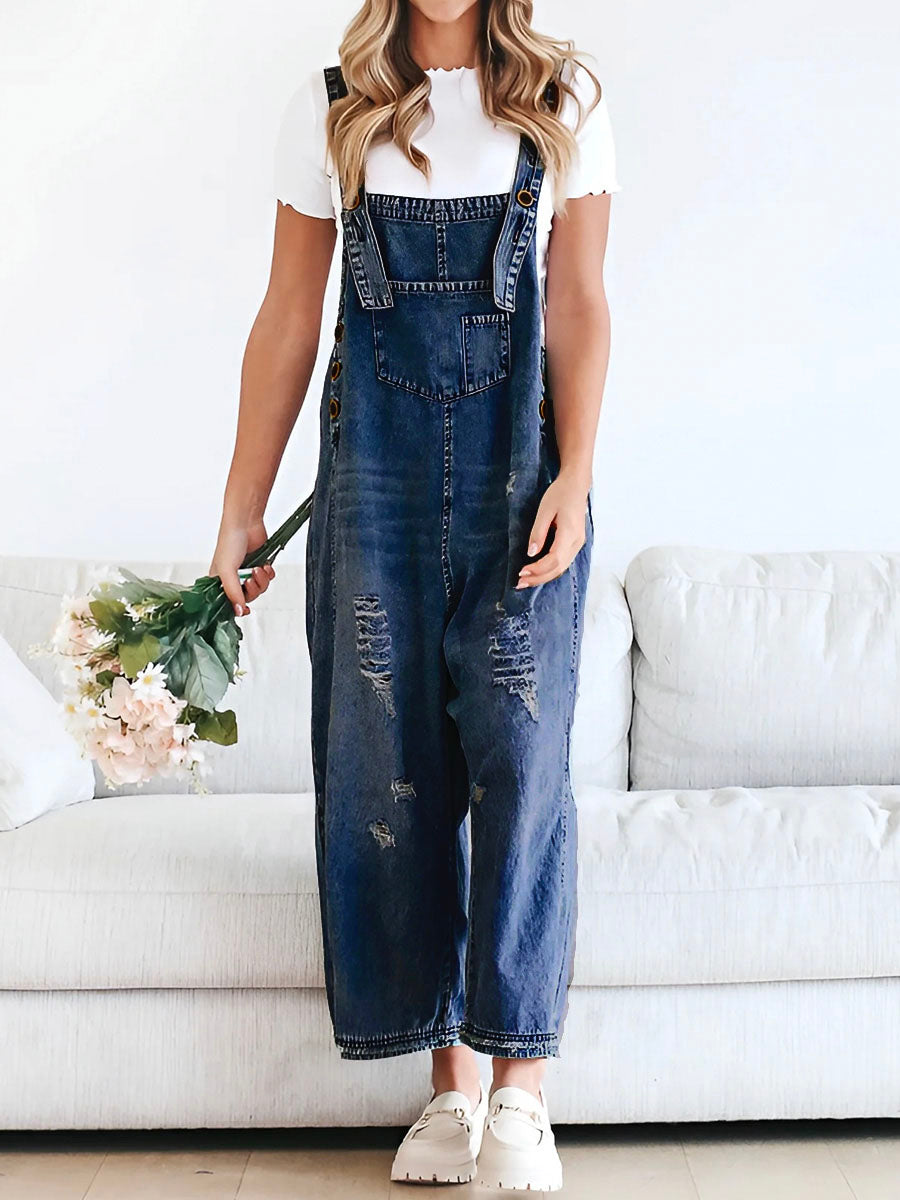 Loose Fit Distressed Denim Overalls