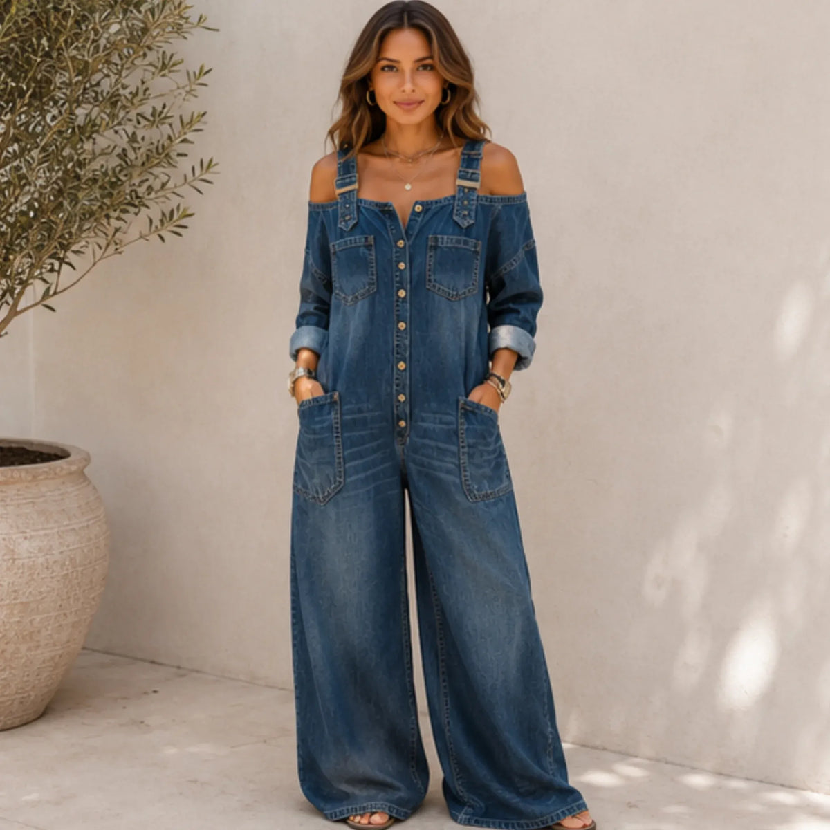 Classic Wide Leg Denim Jumpsuit