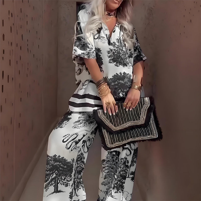 Amber™ | Printed V-Neck Top & Long Pants Set