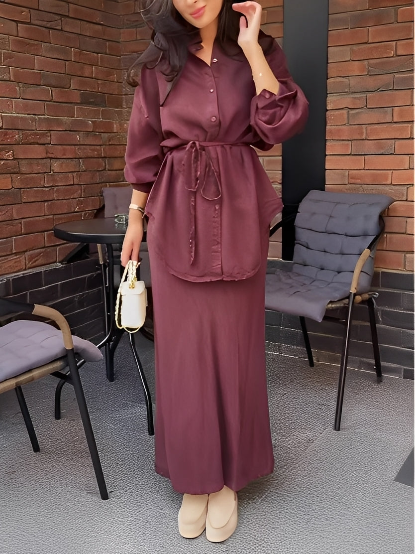 Lisa™ | Long-sleeved Tie-Drawstring Shirt and Skirt Set